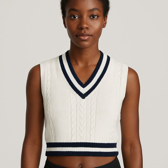 Sunday Best Women's Cropped Cable-Knit Vest Wool/Cotton Blend Preppy V-Neck XS - Picture 1 of 9